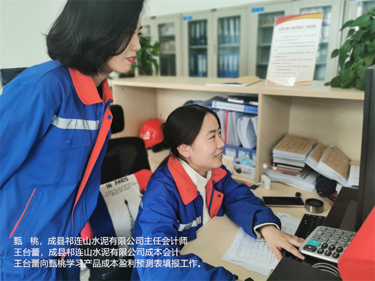 甄桃  王臺(tái)蕾  成縣祁連山水泥有限公司  成本會(huì)計(jì)王臺(tái)蕾向主任會(huì)計(jì)師甄桃學(xué)習(xí)產(chǎn)品成本盈利預(yù)測(cè)表填報(bào)工作.jpg